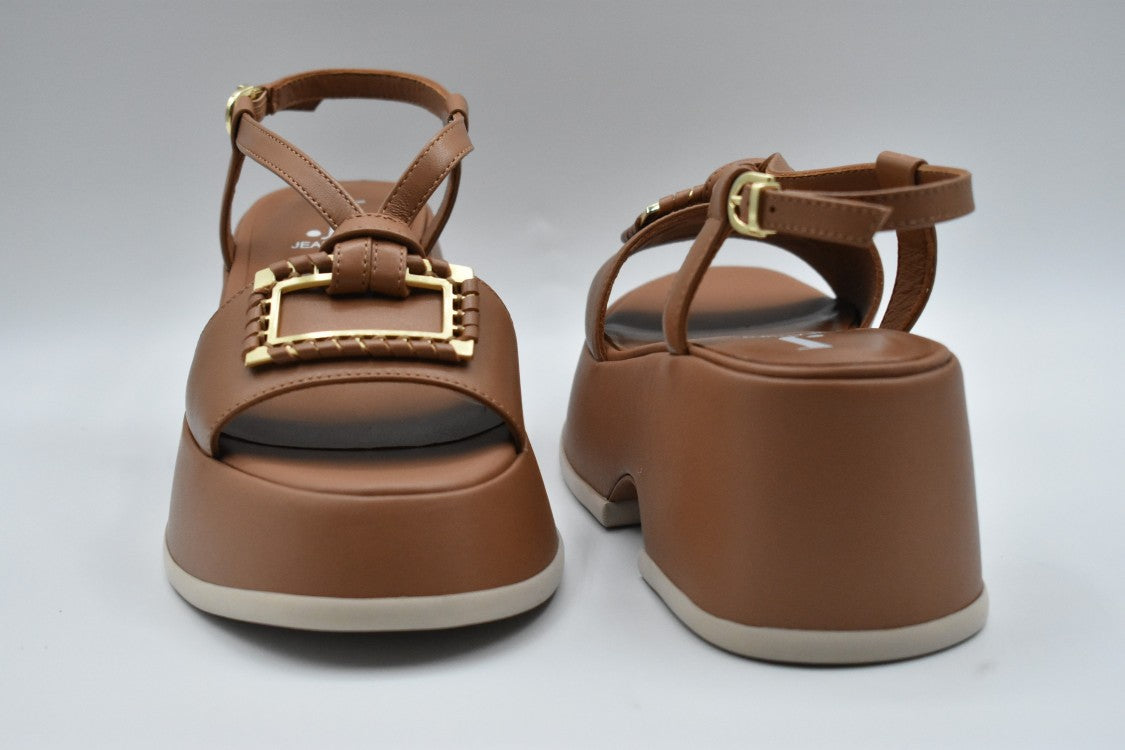Jeannot Brown Leather Sandals With Decorative Buckle And Chunky Heel