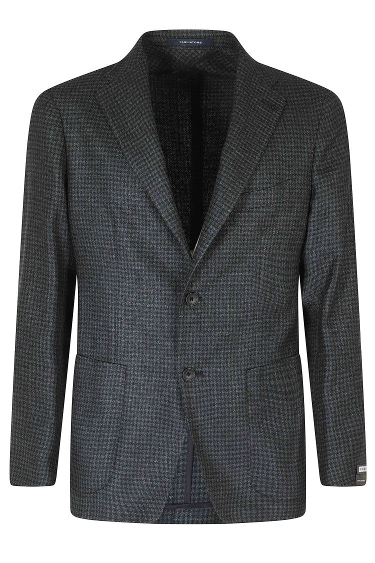 Tagliatore Green Single-Breasted Pied-De-Poule Wool-Blend Blazer