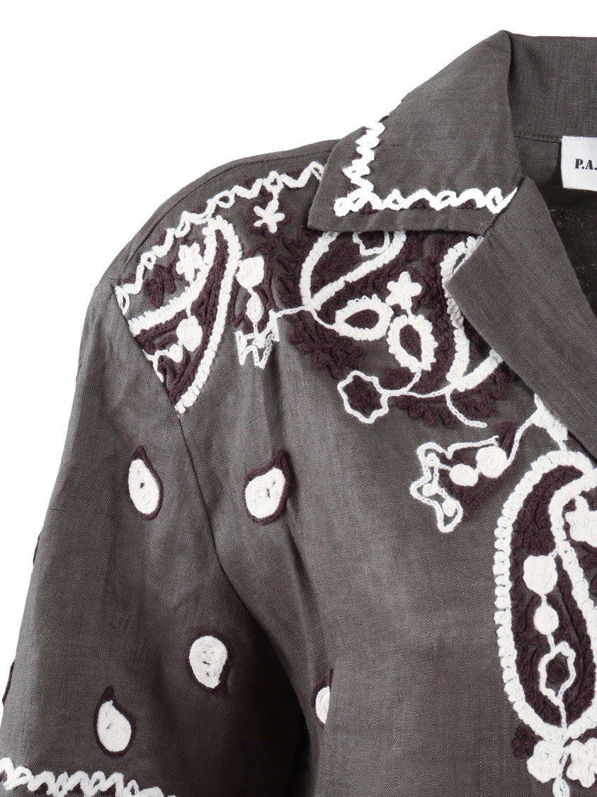 P.A.R.O.S.H. Brown Linen Short-Sleeved Shirt With Intricate Embroidery