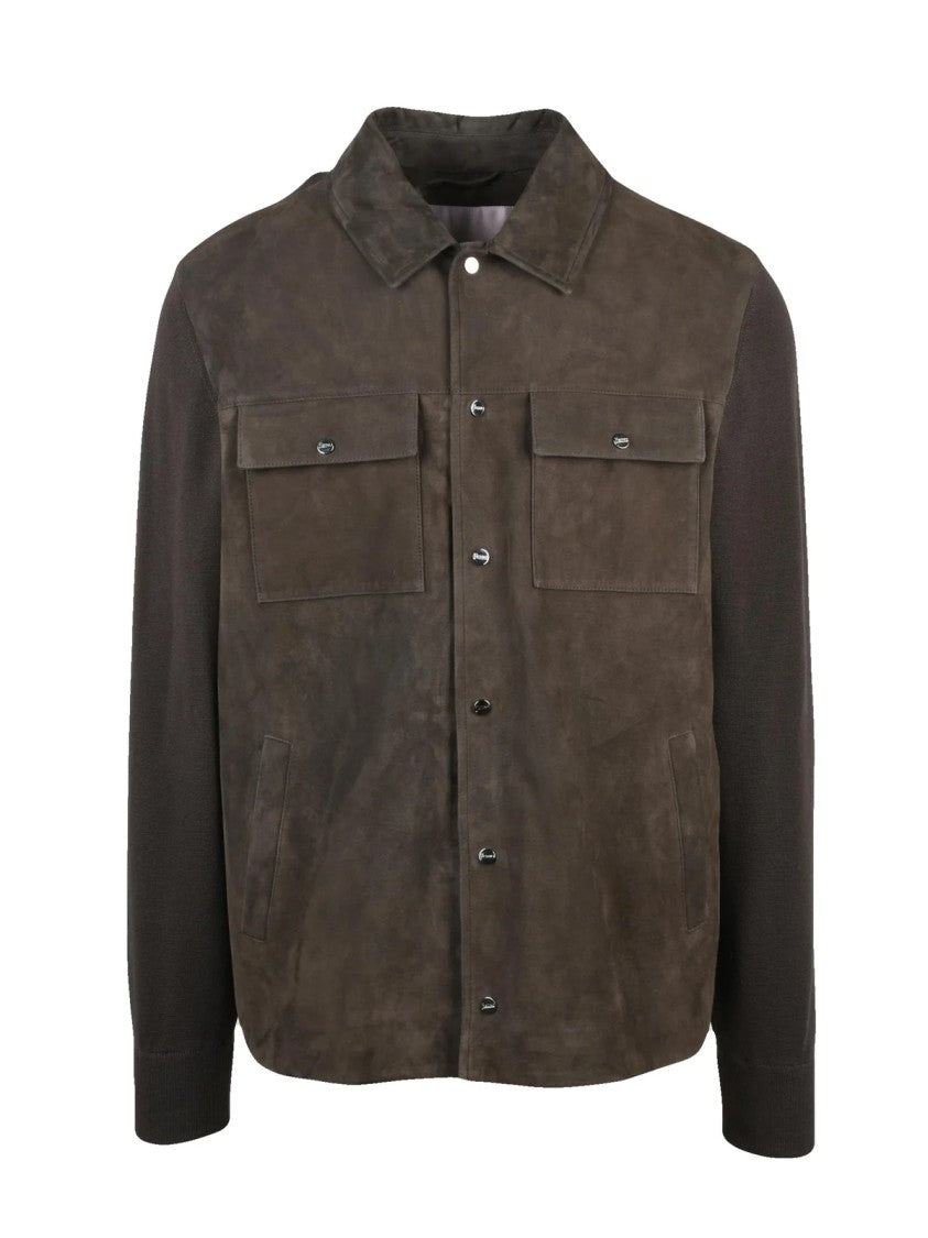 Herno Brown Textured Leather-Cotton Blend Cardigan
