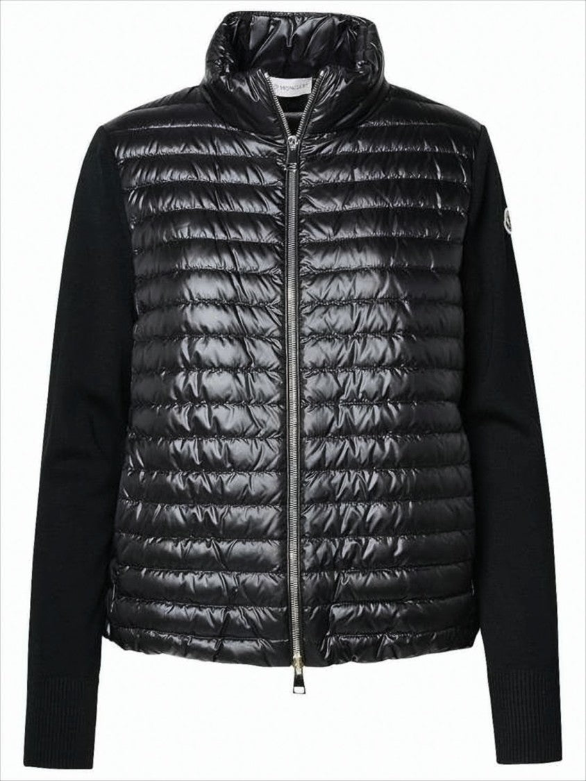 Moncler Shiny Quilted Nylon Puffer Jacket With Knit Sleeves