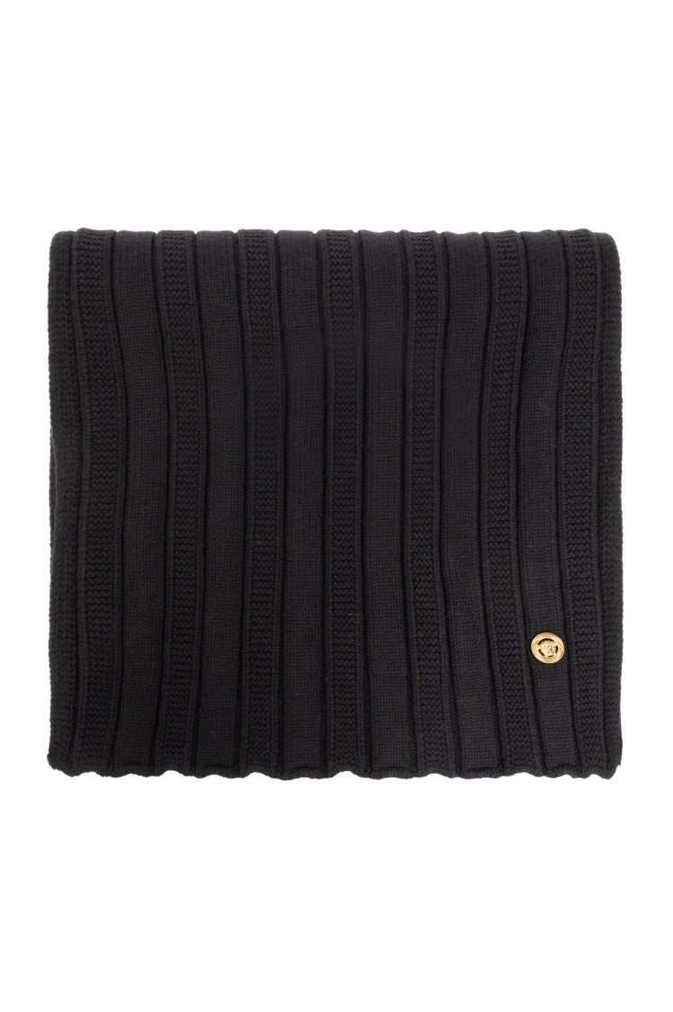 Versace Ribbed Black Wool Scarf With Gold Emblem Detail