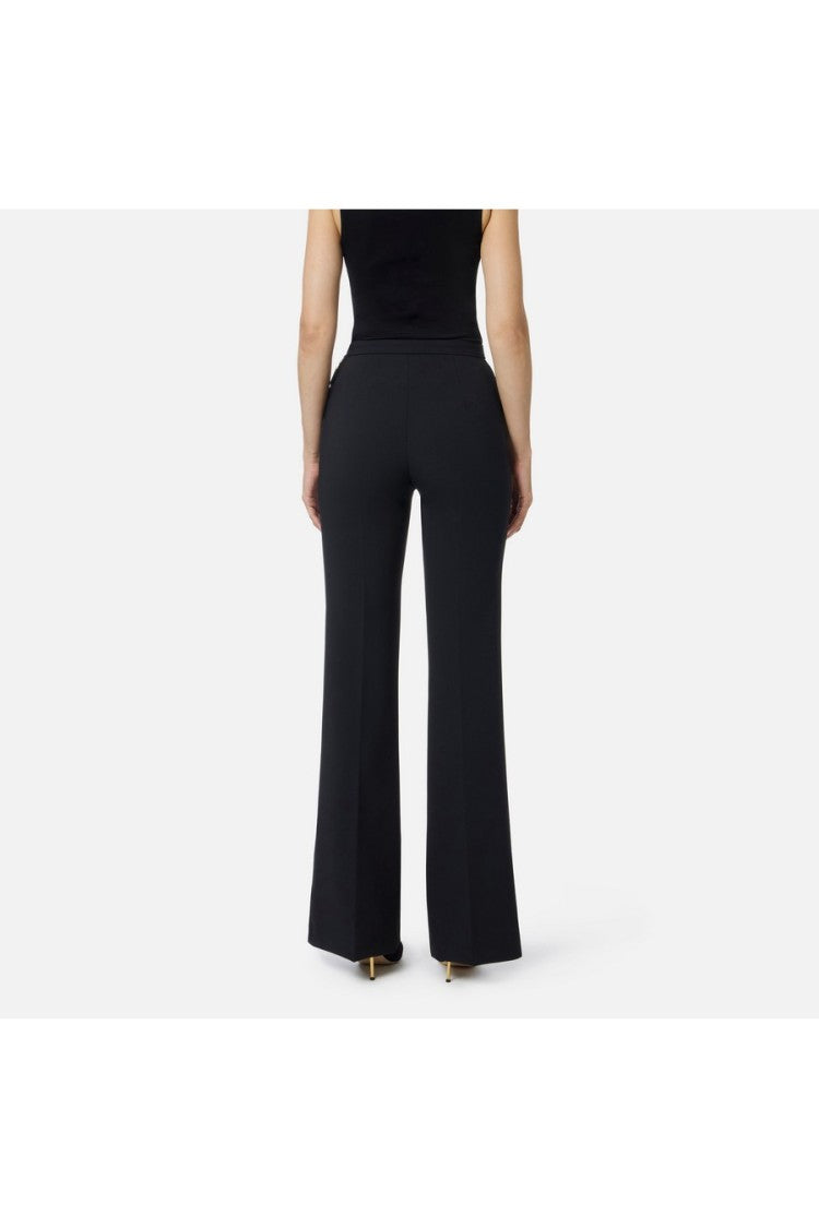 Elisabetta Franchi Black Double-Crepe Flap Pocket Polyester-Blend Wide-Leg Pants