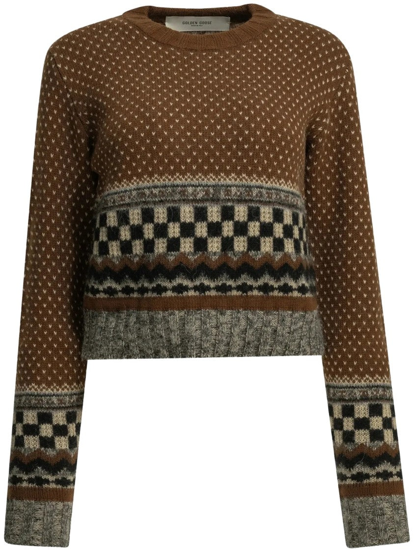 Golden Goose Geometric Jacquard Knit Cropped Crewneck Sweater