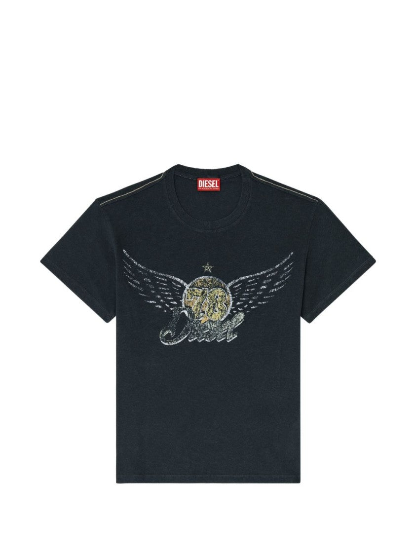 Diesel Vintage-Style Distressed Graphic Print Silk-Nylon Blend T-Shirt
