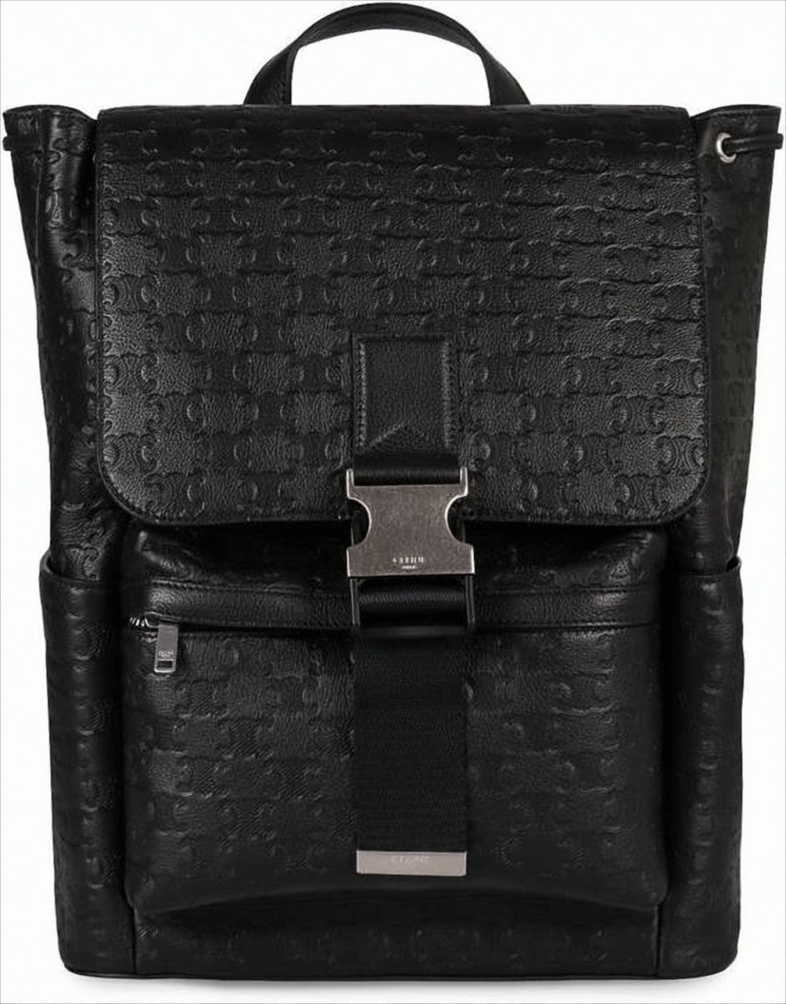 Celine Structured Black Calf Leather Backpack With Metal Buckle Closure