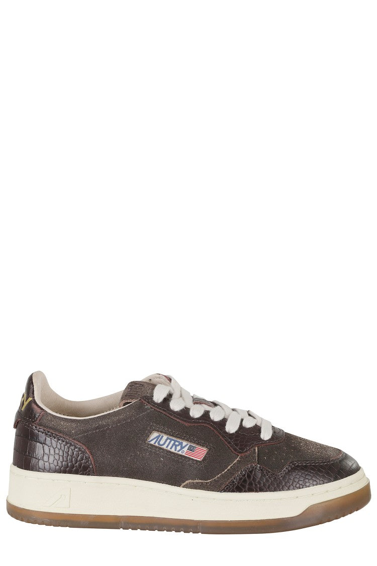 Autry Brown Medalist Low Crocodile Pattern Suede Sneakers