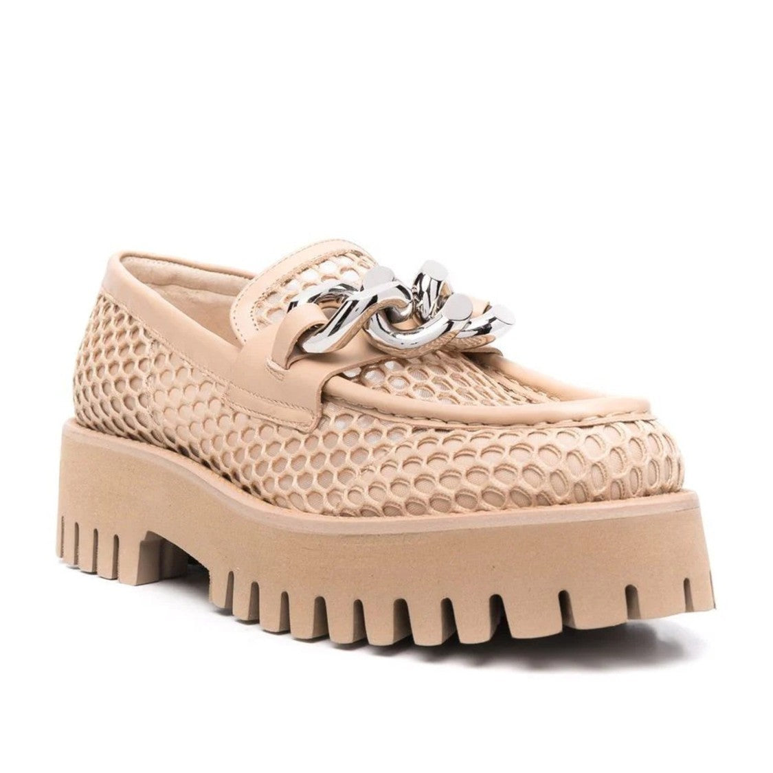 Casadei Beige Trappeur Honeycomb Pattern Silver Chain Loafers
