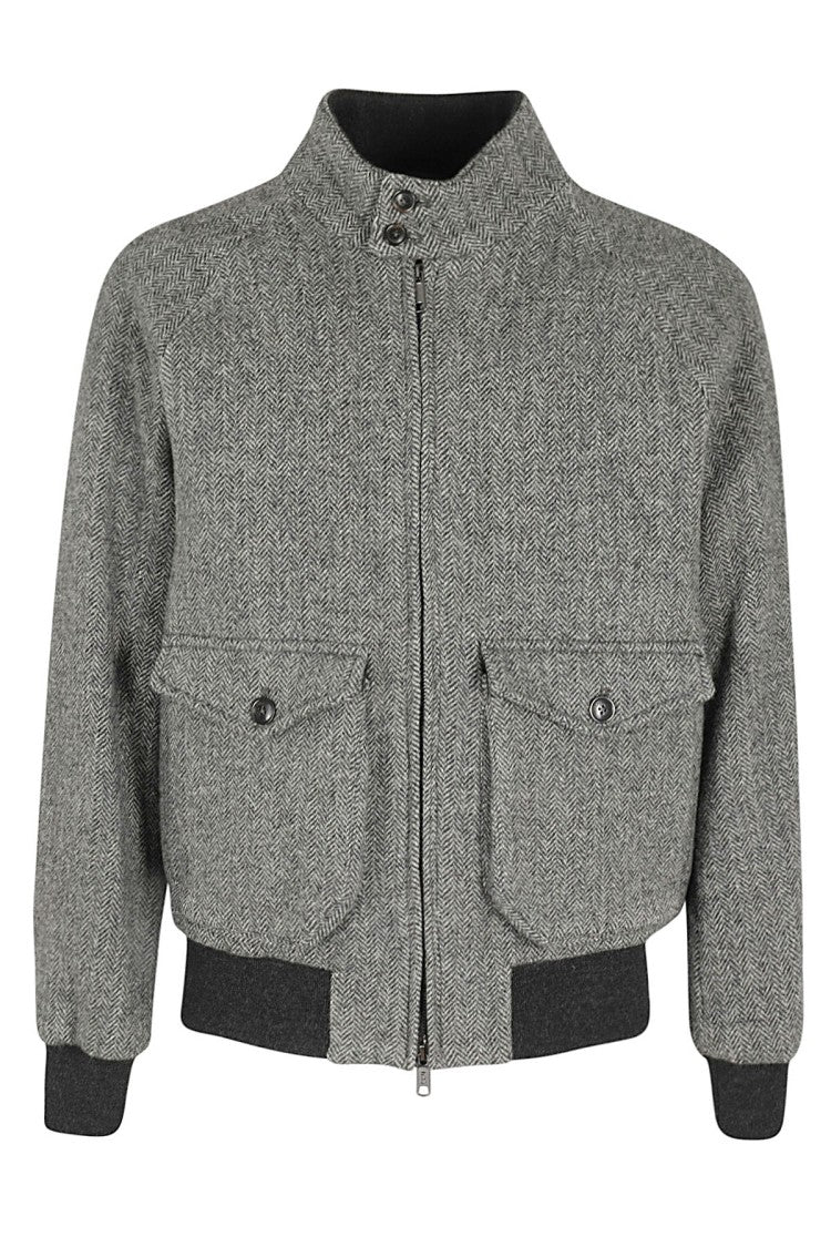 Baracuta Herringbone-Patterned Bomber Jacket With Buttoned Pockets
