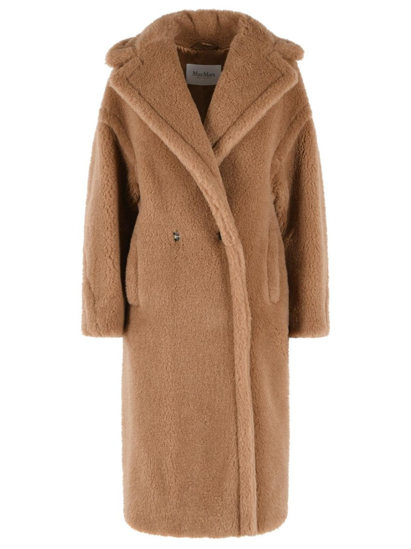 Max Mara Teddy Brown Camel And Silk Coat With Wide Lapels And Double-Breasted Closure