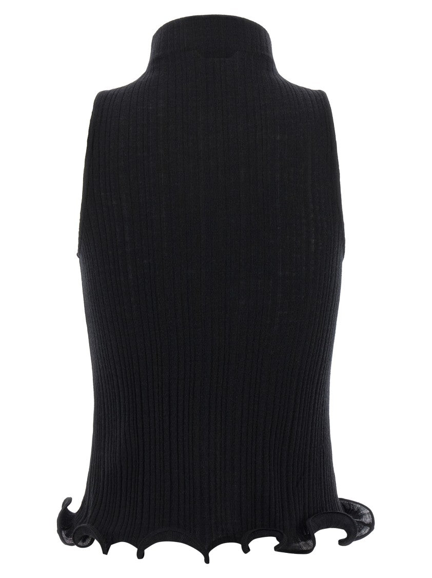 Fendi High Neck Ribbed Cotton Jersey Top With Ruffled Hem