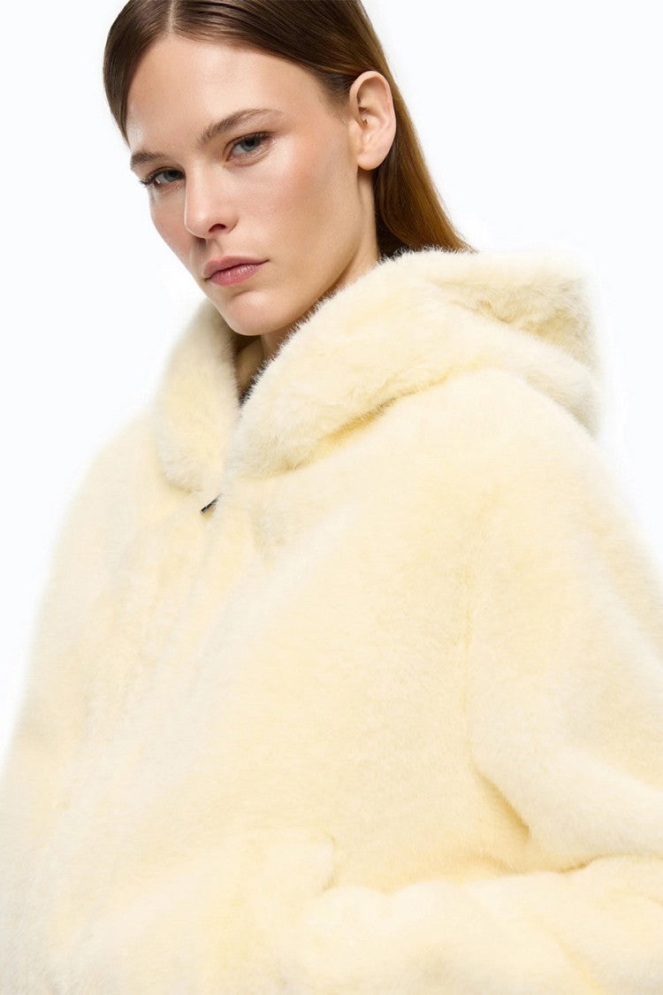 Pinko Yellow Polyester Fur-Effect Hooded Jacket