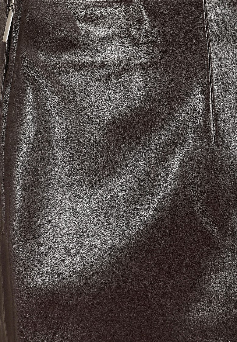 Arma Brown Leather Mini Skirt With Central Seam And Discreet Zipper