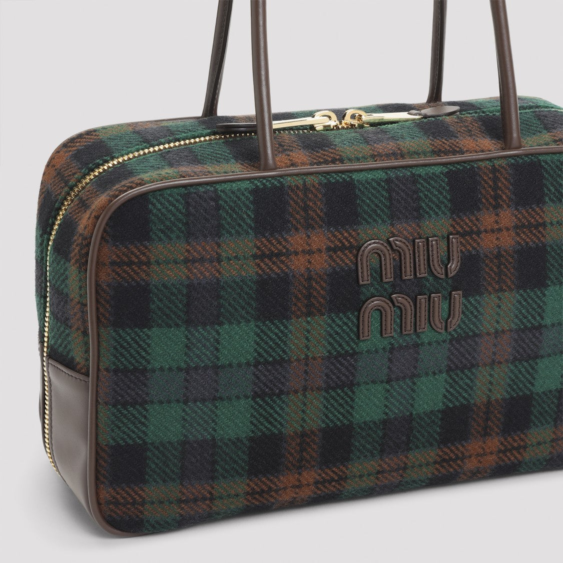 Miu Miu Plaid Wool Blend Shoulder Bag With Leather Trim