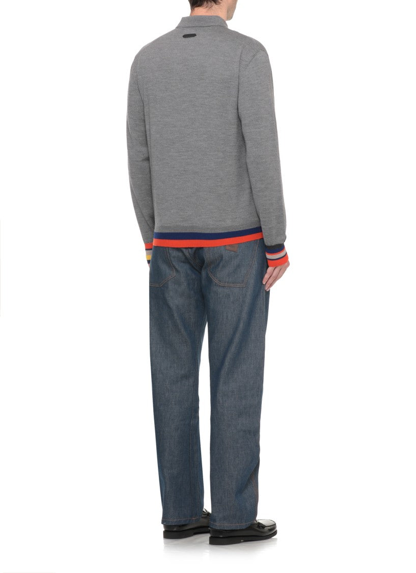 Moschino Grey Striped Detailing Knit Wool Polo Shirt