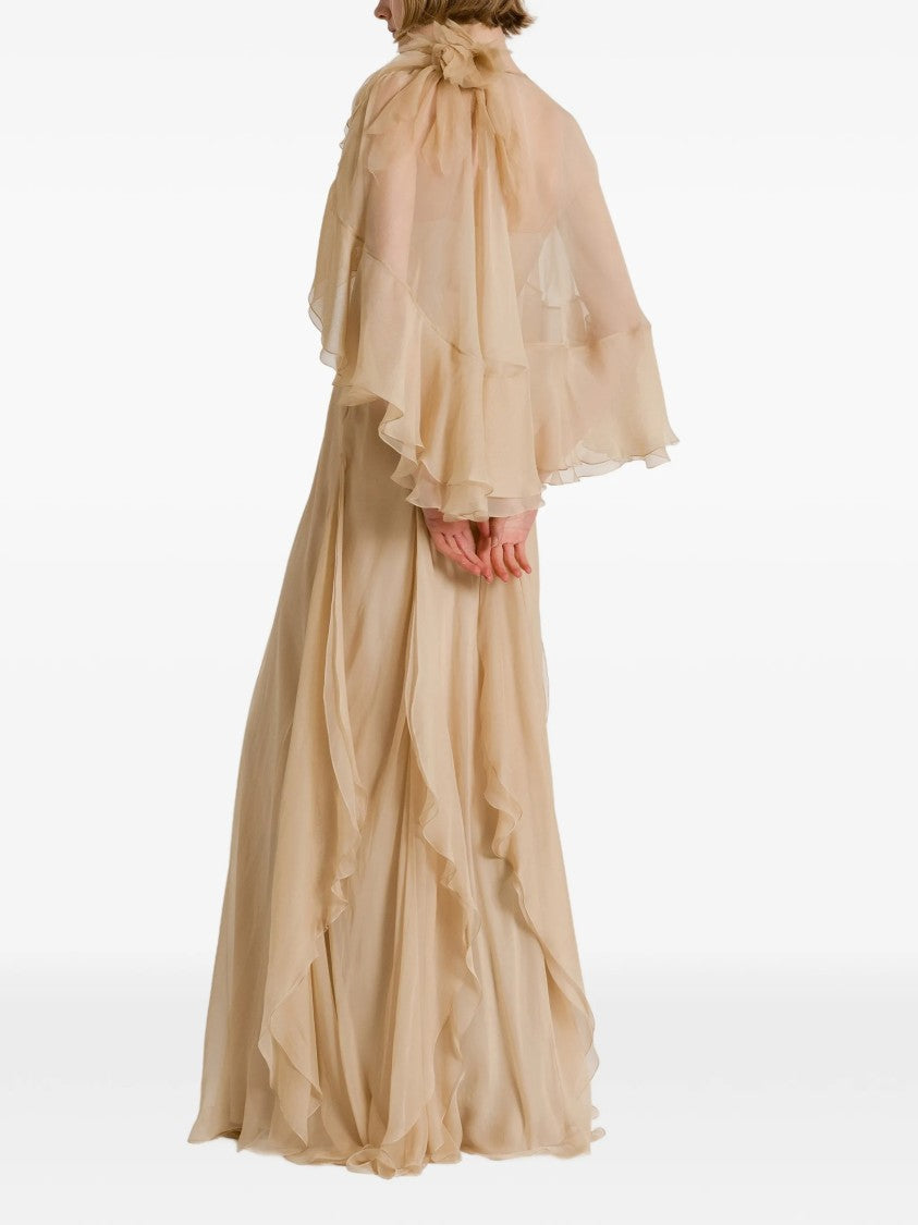 Alberta Ferretti Flowing Maxi Dress With Sheer Overlay And Ruffled Edges