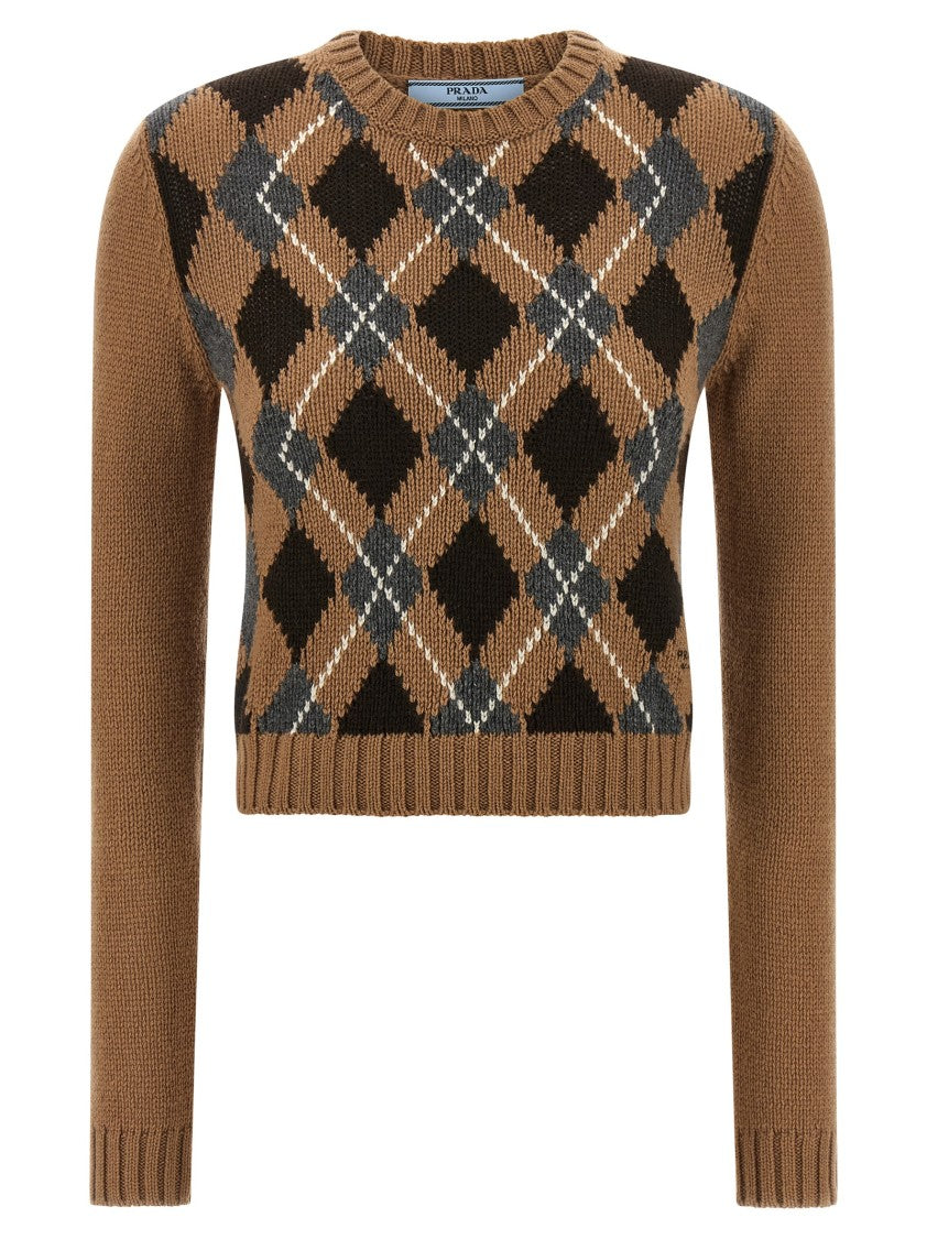 Prada Cropped Cashmere Sweater With Argyle Pattern And Embroidered Logo