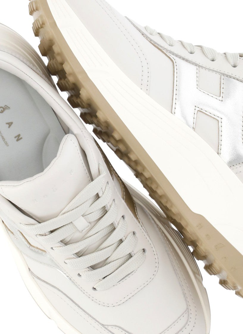 Hogan Beige Smooth Leather Sneakers With Rolled Silver Logo