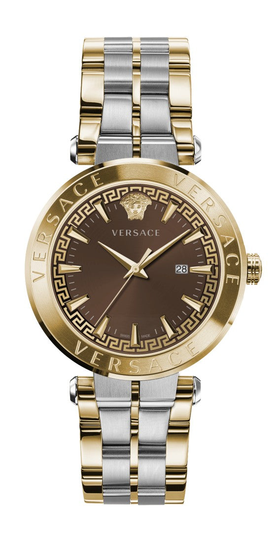 Versace Aion 44Mm Steel Quartz Watch With Oval Gold Bezel