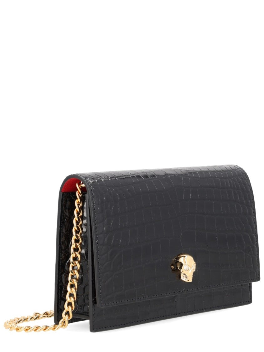 Alexander Mcqueen Black Small Skull Crocodile Embossed Shoulder Bag