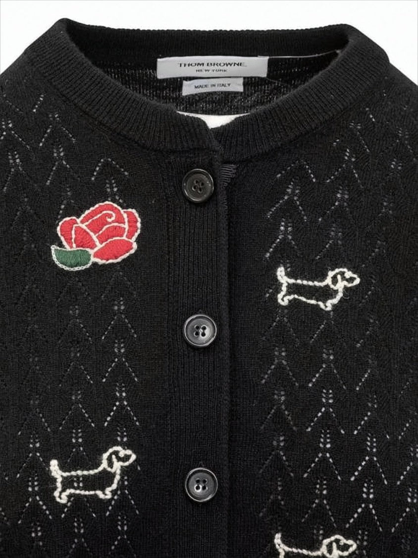 Thom Browne Black Wool Knit Cardigan With Openwork Pattern And Playful Embroidery