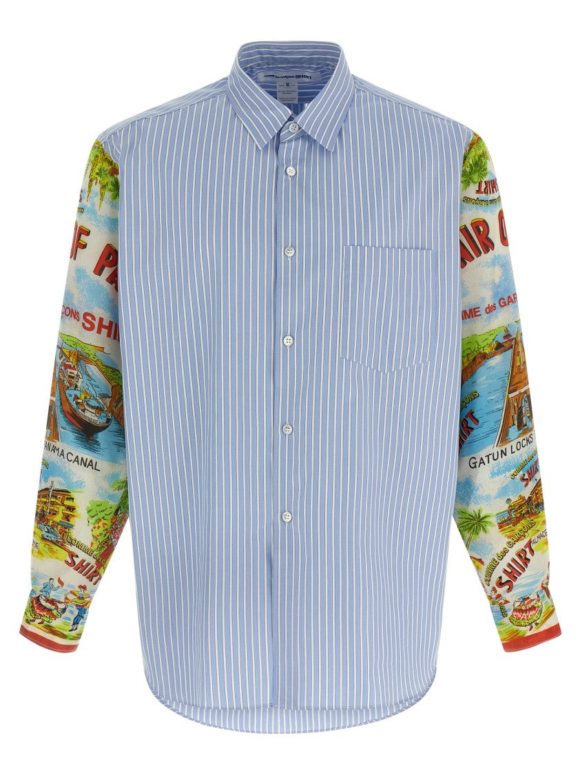 Comme Des Garçons Patterned Sleeve Cotton Poplin Shirt With Asymmetrical Hem