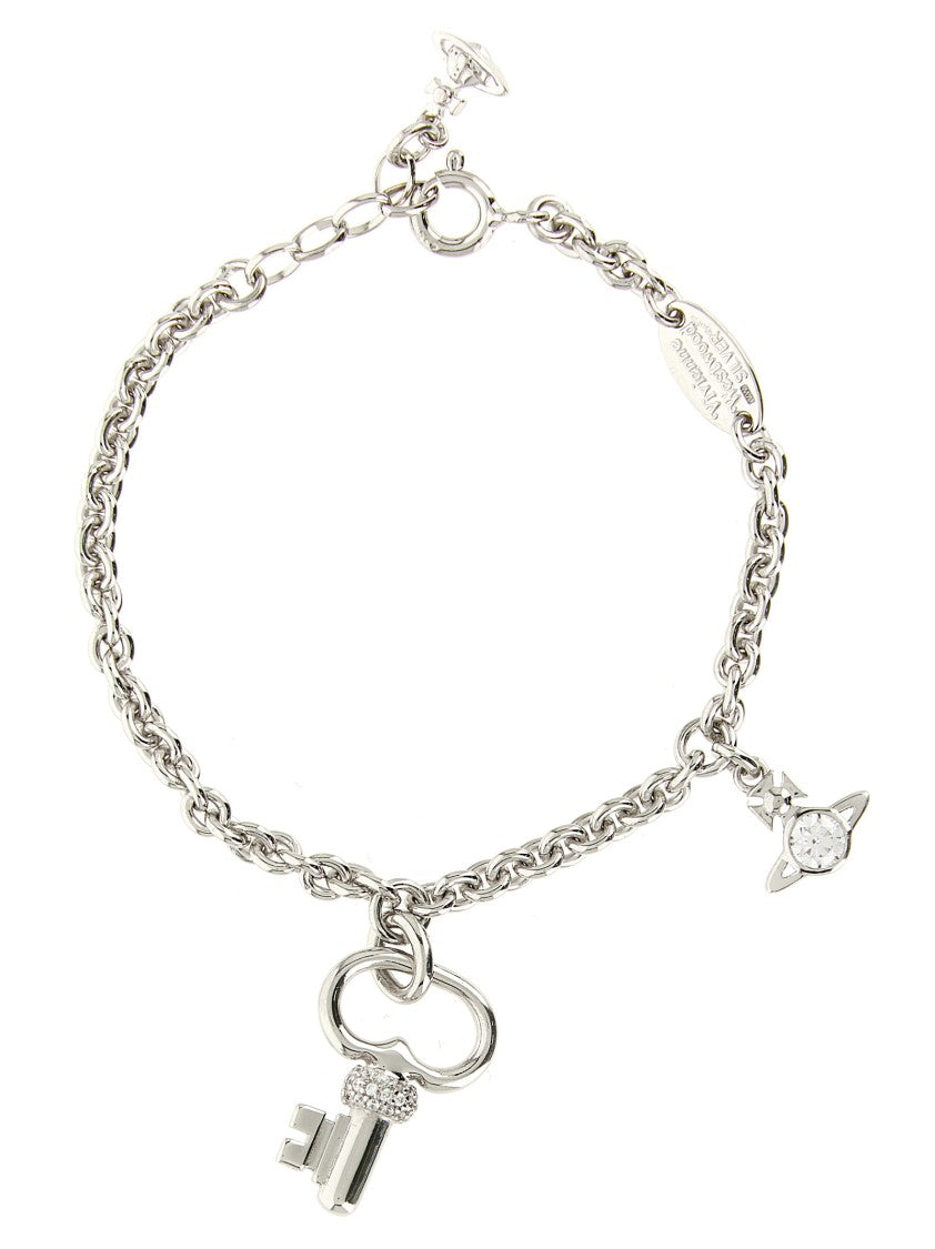 Vivienne Westwood Silver Chain Bracelet With Key-Shaped Pendant And Pavé Crystals