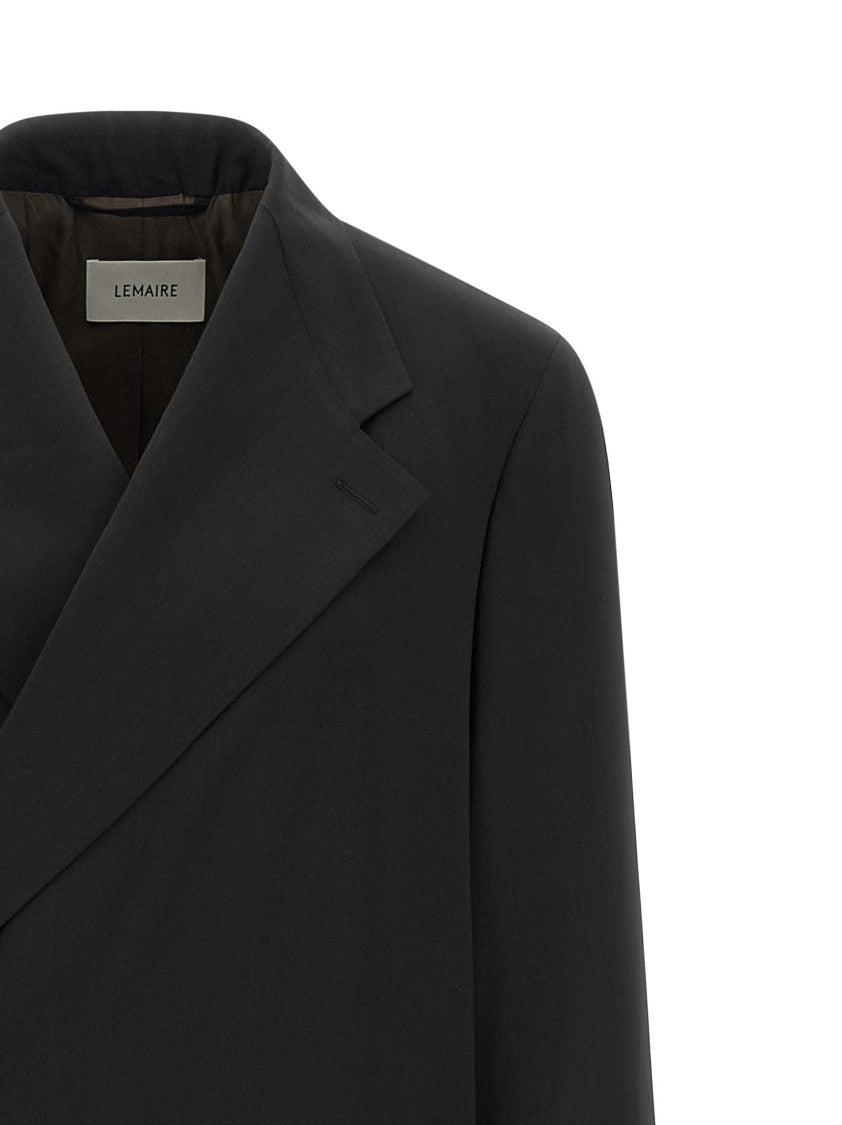 Lemaire Draped Front Long Wool Crêpe Coat With Structured Shoulders