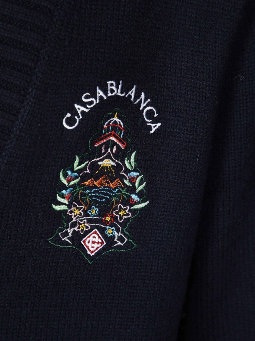 Casablanca Embroidered Blue Knit Cardigan With V-Neck Design