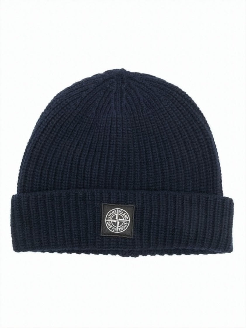 Stone Island Ribbed Knit Beanie With Folded Cuff And Patch Logo
