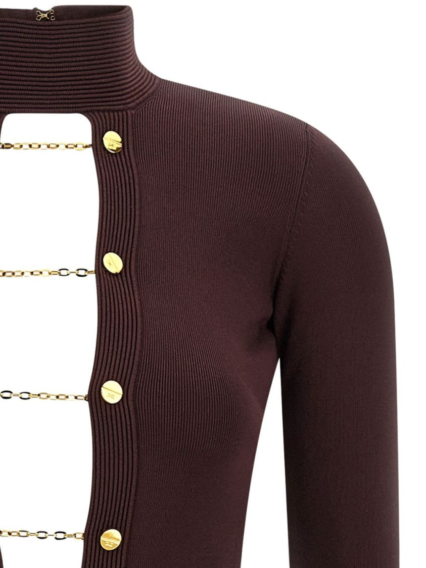 Elisabetta Franchi Burgundy Midi Dress With Gold Chain Cutouts