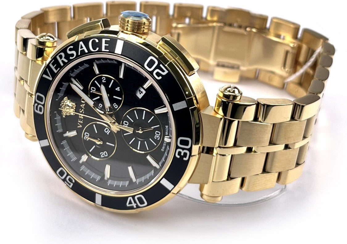 Versace Greca Chrono 45Mm Steel Watch With Gold-Tone Accents