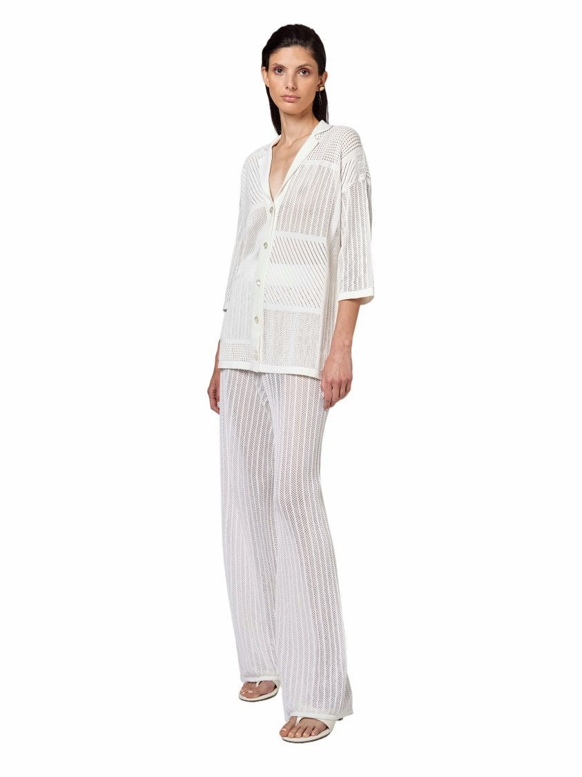 Alpha Studio Openwork 3/4 Sleeves Cotton-Blend Bowling Shirt