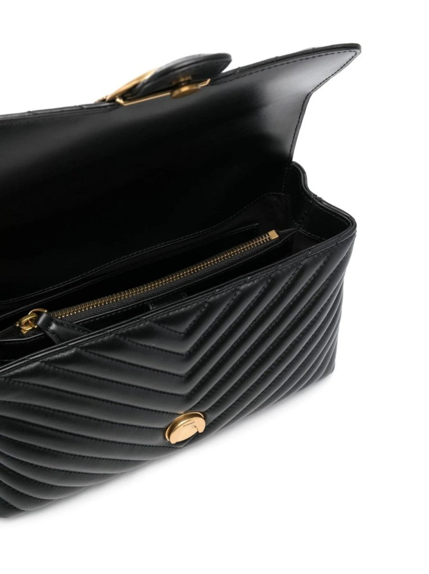 Pinko Quilted Black Handbag With Gold Emblem