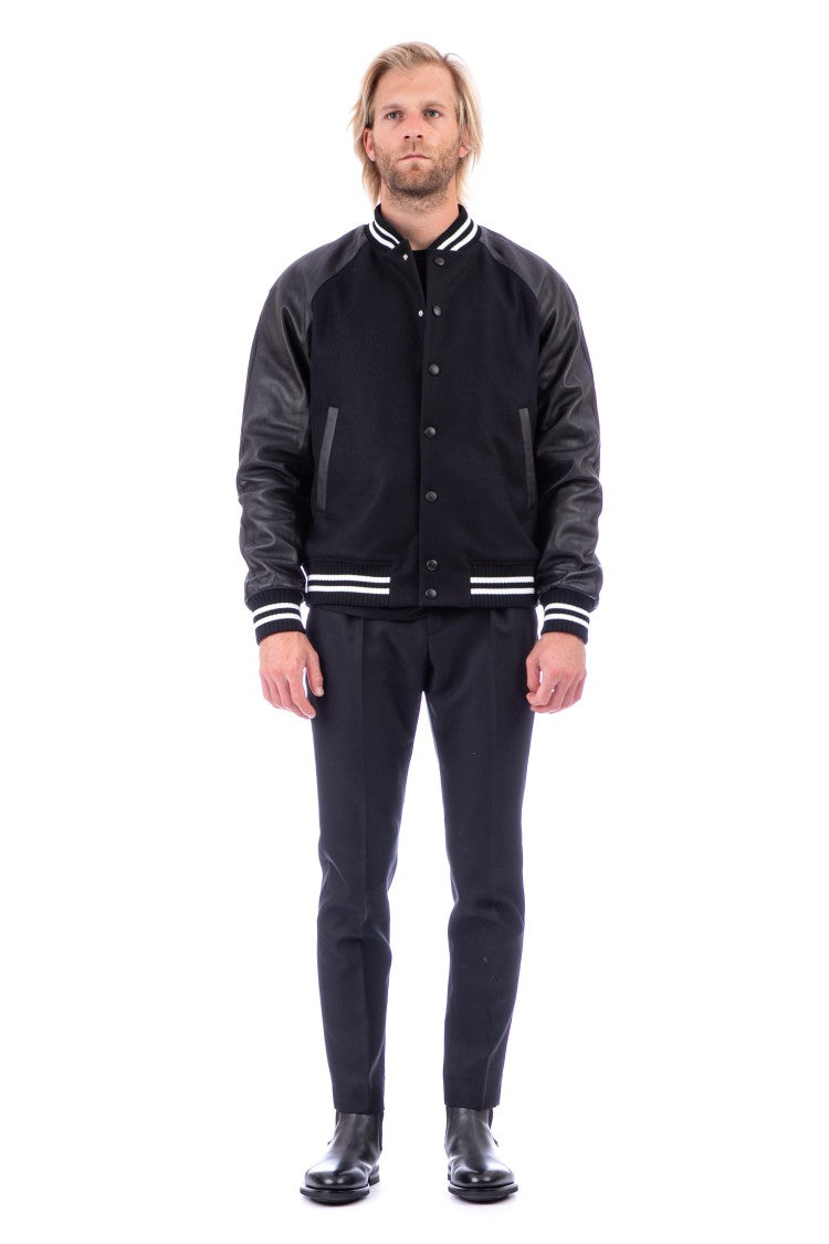 Pt Torino Bimaterial Leather-Wool Jacket With Baseball Collar