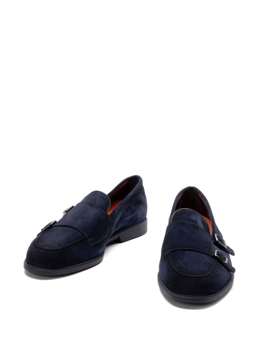Santoni Navy Blue Almond Toe Moccasins