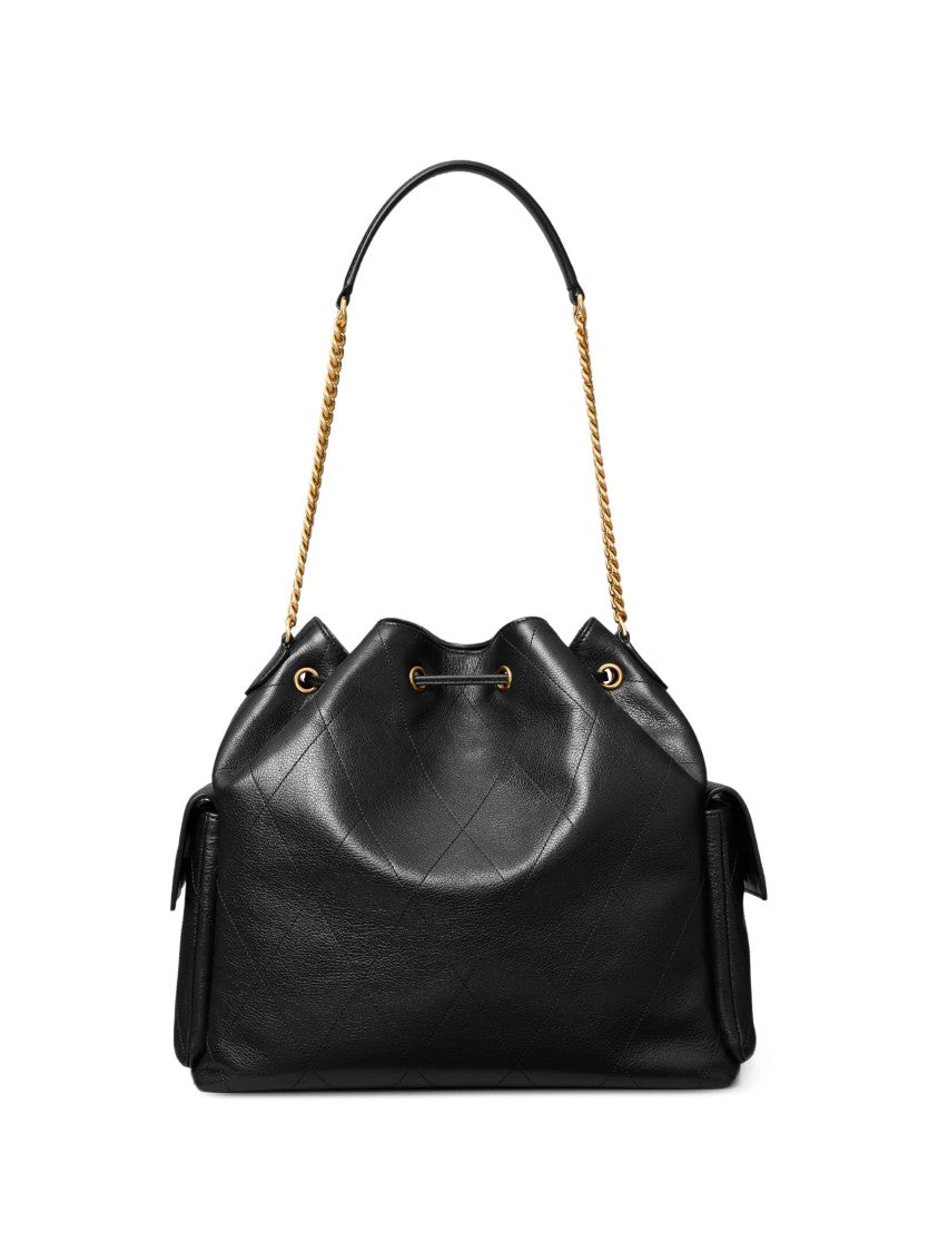 Tory Burch Black Charlie Leather Drawstring Shoulder Bag
