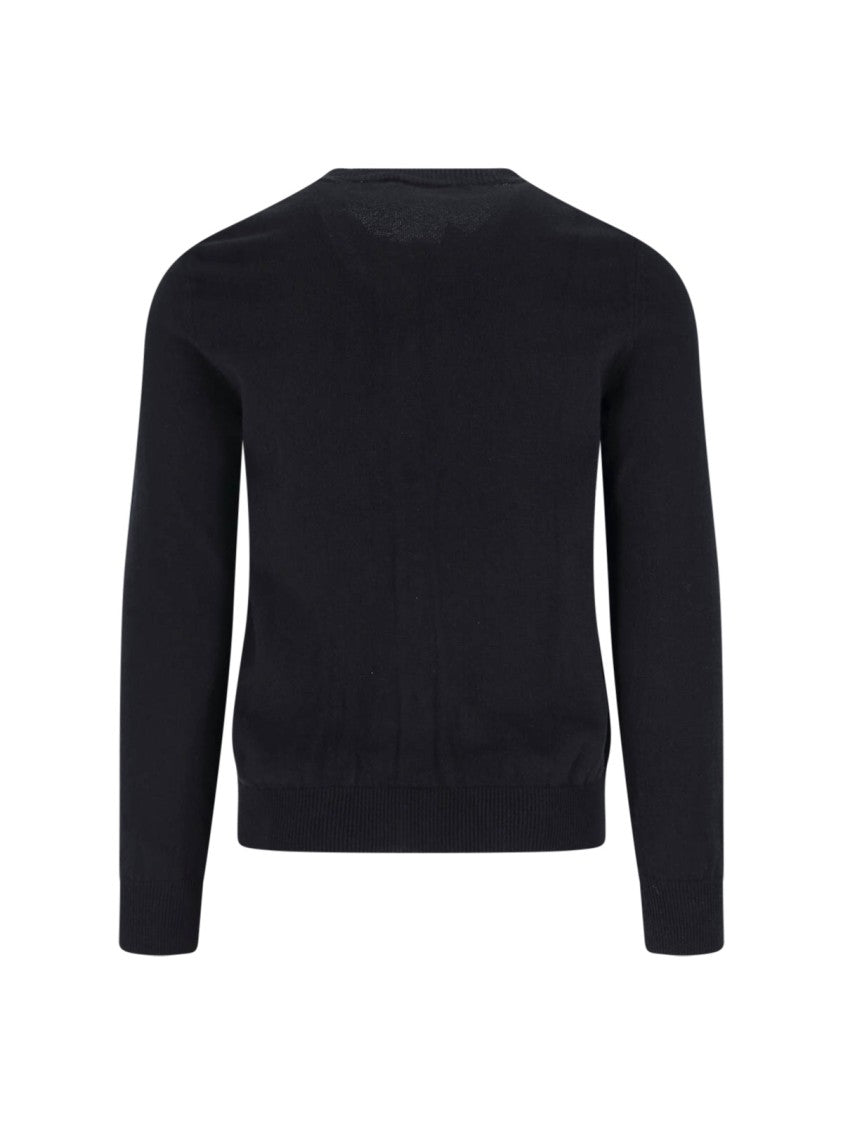 Comme Des Garçons Round Neck Contrast Logo Black Wool Cardigan