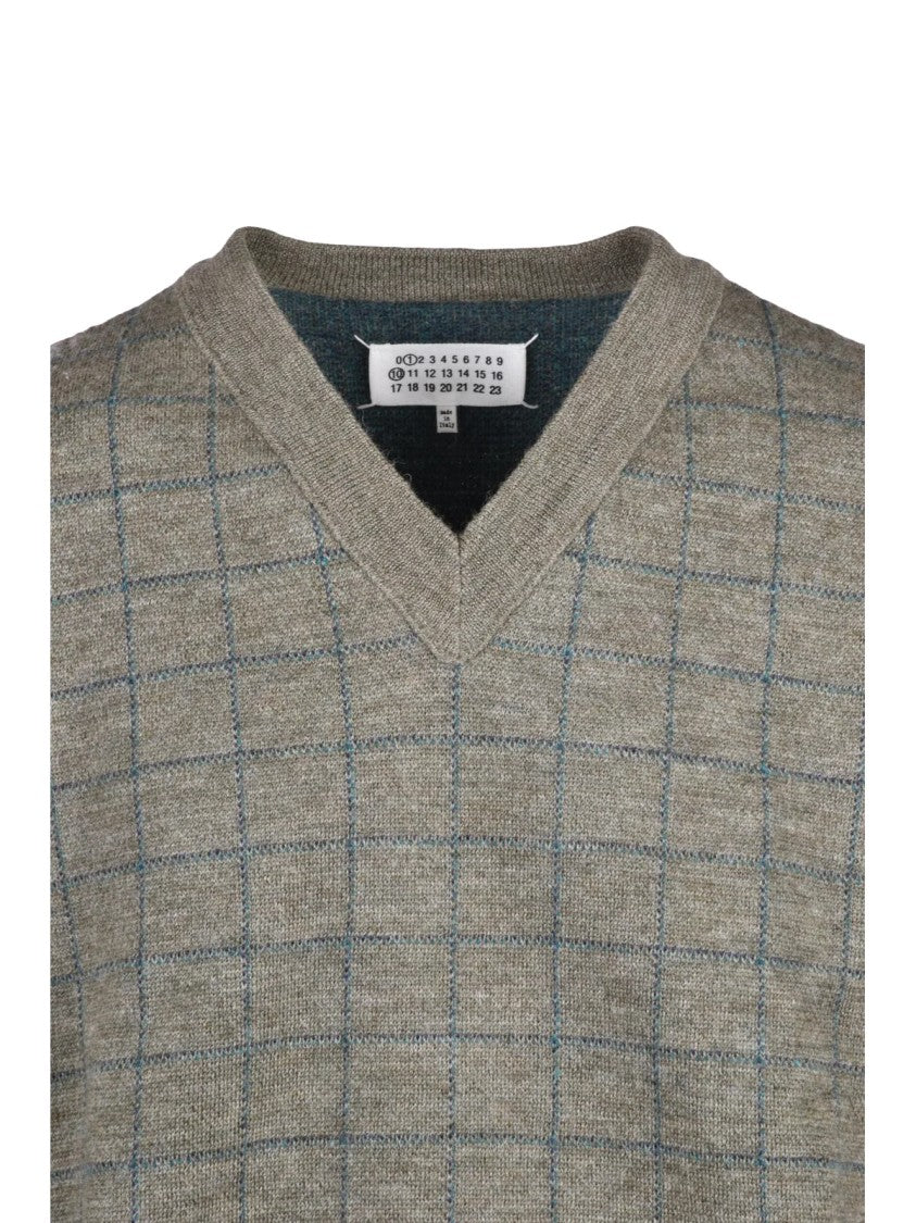 Maison Margiela Green V-Neck Patchwork Virgin Wool Sweater