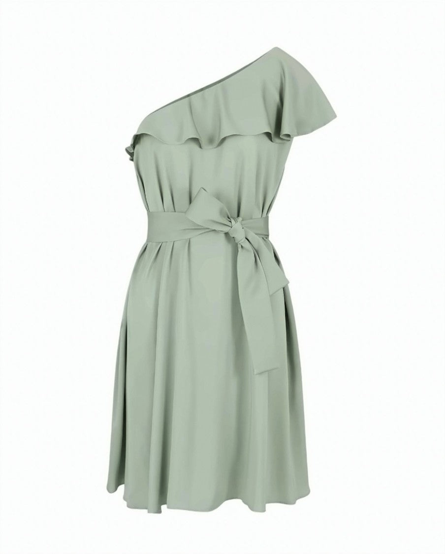 Armani Exchange Ruffled Neckline Bow Belted One-Shoulder Mini Dress