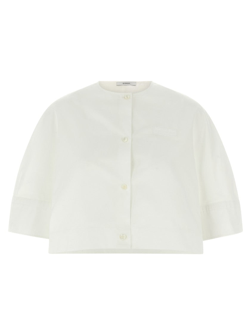 Givenchy White Cropped Cotton Poplin Shirt With Balloon Sleeves And Logo Patch