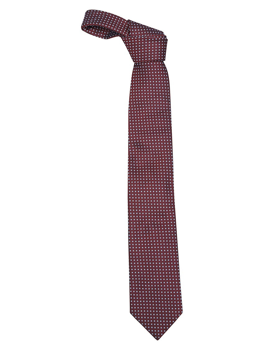 Zegna Burgundy Square Pattern Mulberry Silk Tie