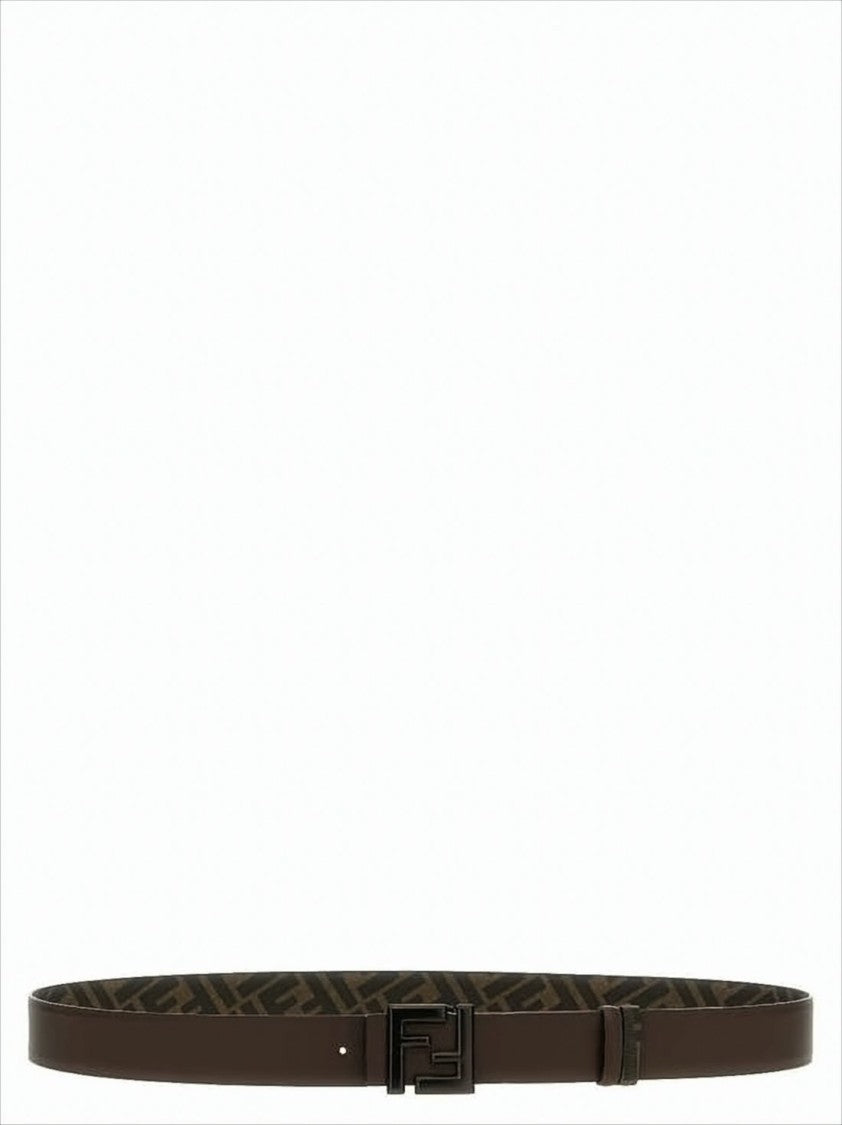 Fendi Dark Brown Calfskin Leather Belt With Monogram Pattern And Logo Buckle