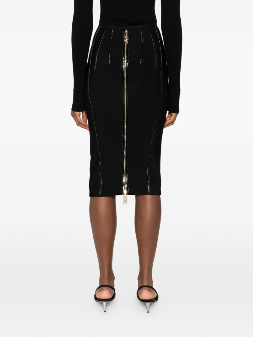 Elisabetta Franchi Black Midi Skirt With Glossy Vertical Accents