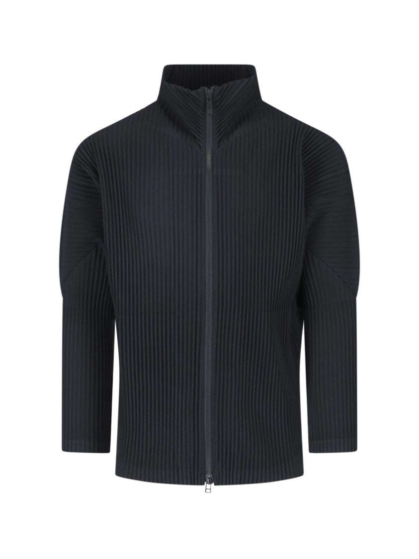 Homme Plissé Issey Miyake Black Pleated High Collar Zip-Through Knit
