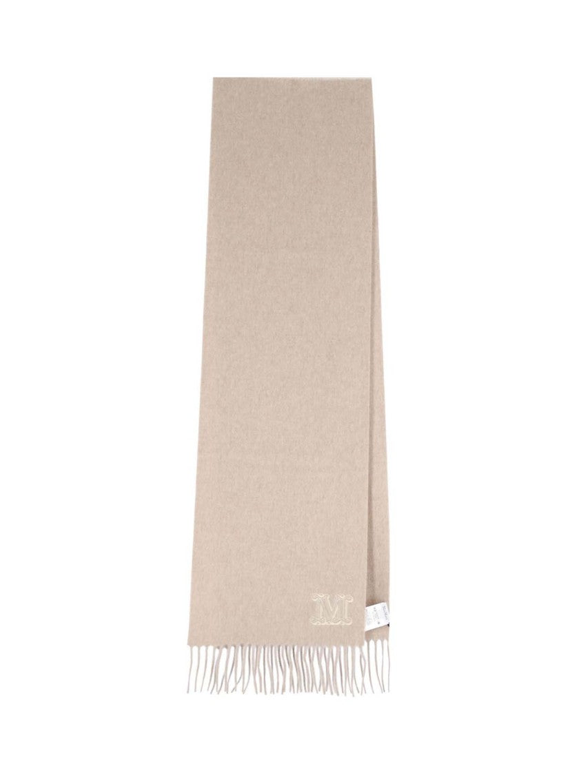 Max Mara Beige Cashmere Scarf With Logo Embroidery And Fringed Edges