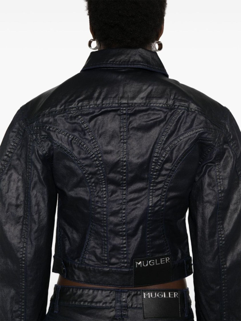Mugler Cropped Midnight Blue Wax-Effect Jacket