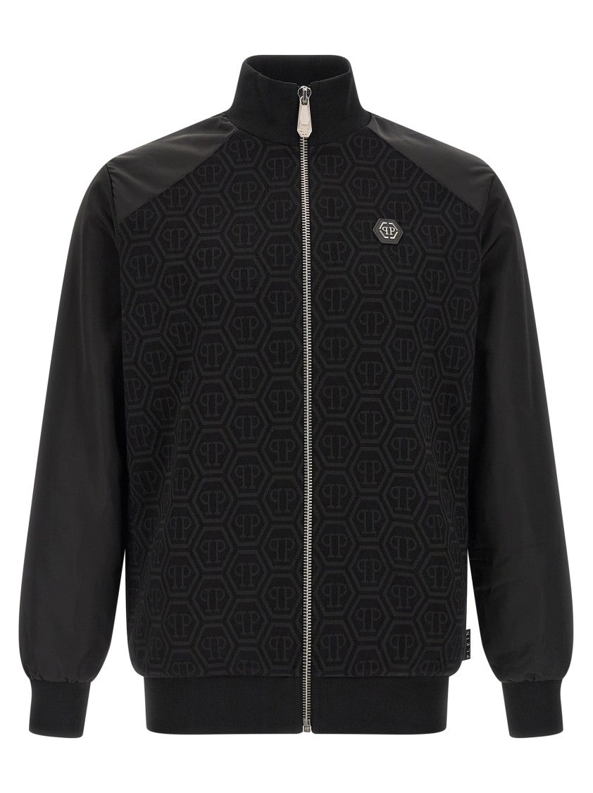 Philipp Plein Monogram Jacquard Cotton Sweatshirt With Technical Fabric And Hexagon Patch