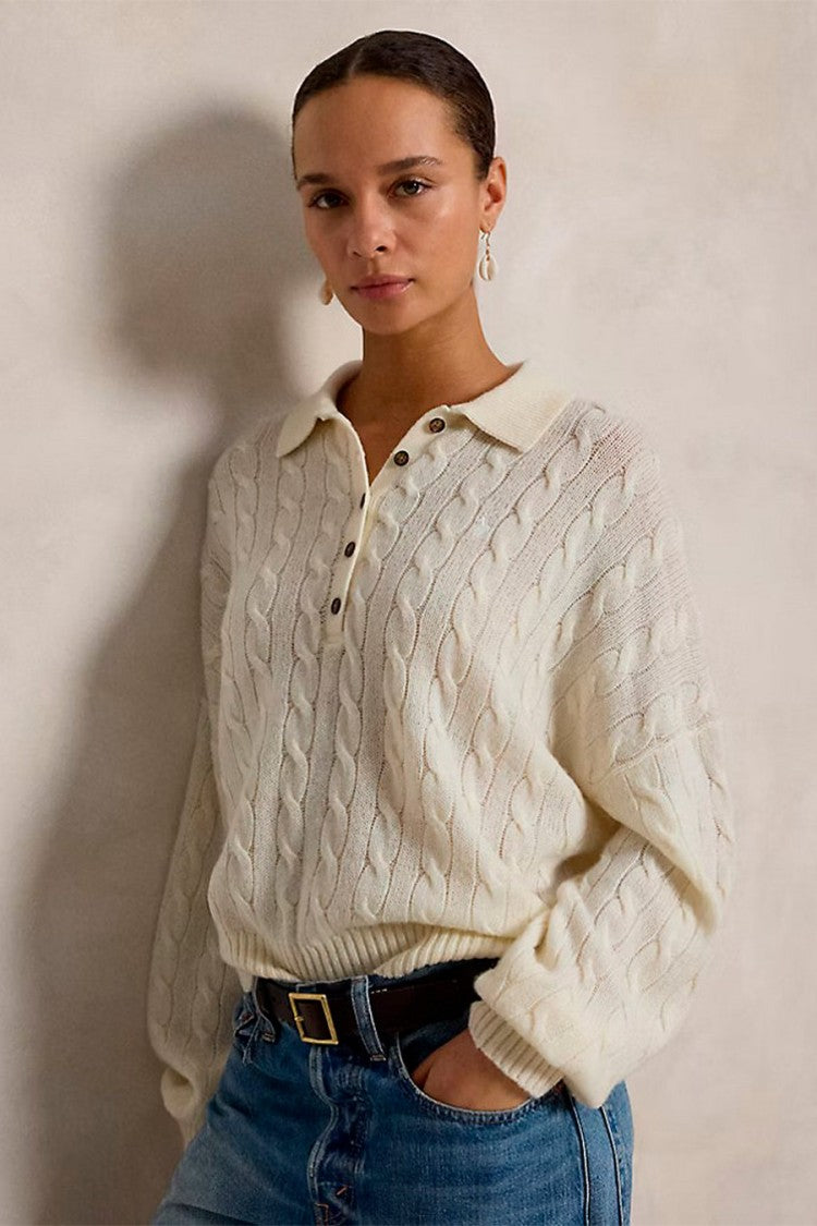 Polo Ralph Lauren Cream Wool-Cashmere Blend Cable-Knit Polo Sweater