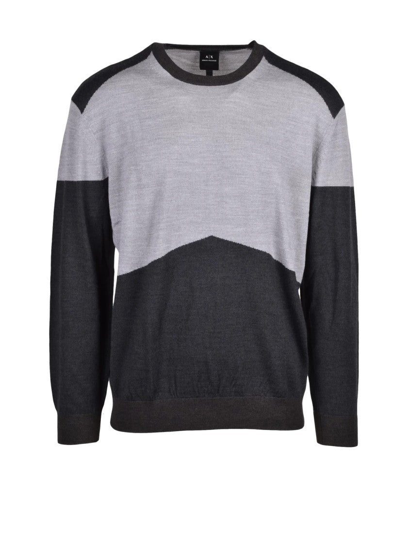 Armani Exchange Color-Block Grey Knit Sweater With Crew Neckline